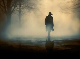 silhuett av en man i en lång täcka och hatt i en dimma. ai genererad foto