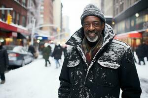 ai genererad senior svart man i vinter- kläder. urban livsstil, gata porträtt foto