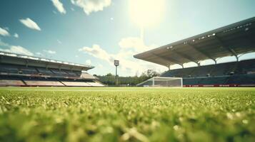 ai genererad gräs på de fotboll stadion. låg vinkel skott. texturerad fri fotboll fält i de kväll ljus foto