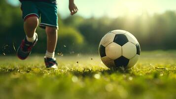 närbild ben barn manlig vänner spelar fotboll i de bakgård.ai generativ foto