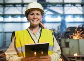 porträtt tung industri ingenjör kvinna arbetstagare bär säkerhet väst och Hardhat leende på kamera. i de bakgrund ofokuserad stor industriell factory.ai generativ foto