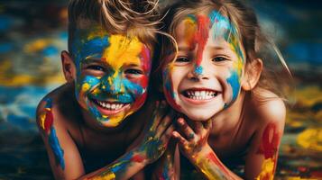 ai generativ.glad leende pojke och flicka bär färgrik ansikte måla på en glad festival.skapa ai genererad foto