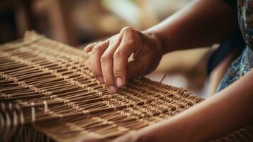 äldre människors händer vävning vit silke trasa på de arv hantverk loom.ai generativ. foto