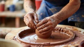 händer arbetssätt med lera på krukmakare hjul, hantverk, traditionell hantverk making.ai generativ. foto