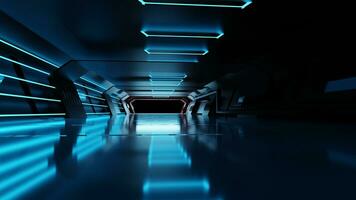 de neon blå luftsluss tunnel glöder runt om de korridor på de reflekterande betong golv. foto