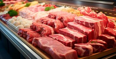 affär fönster för röd rå kött, nötkött, fläsk, kyckling. diet mat. kött mataffär - ai genererad bild foto