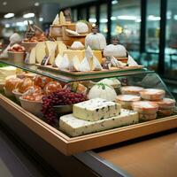 mejeri Produkter, mjölk och ost i en mataffär, mat visa - ai genererad bild foto
