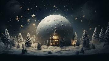 snöig natt med en full måne och en mysigt hus foto