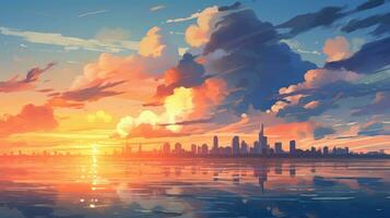 skön anime stil bakgrund med en pittoresk soluppgång, fluffig moln, en lugn sjö, och en ljus Sol lysande i de himmel. foto