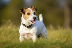 Lycklig domkraft russell terrier sällskapsdjur hund väntar, lyssnande i de gräs. ai genererad foto