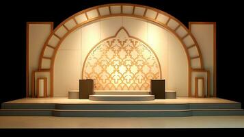 bakgrund för de islamic Semester av ramadan i en minimalistisk stil, med en podium, med solljus, i ljus beige guld delikat nyanser och element av natur. ai genererad foto
