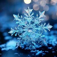 vinter- blå bakgrund, snöflinga och snö på de bakgrund av suddig lampor. ömtålig dekorativ snöflinga. ai genererad foto