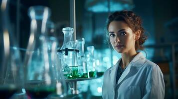 porträtt av en kvinna forskare arbetssätt i en laboratorium. vetenskap, kemi, biologi, medicin och människor begrepp. ai genererad foto