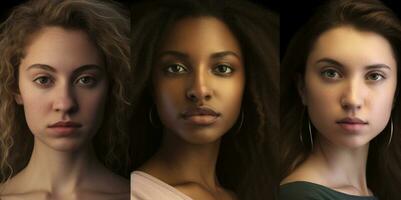 mångfald och kvinnor porträtt studio skott. tre multietnisk kvinnor med annorlunda frisyrer. ai genererad foto