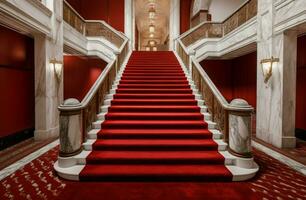 marmor trappa röd matta historisk hotell. generera ai foto