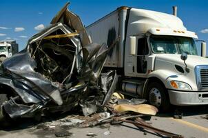 förödande lastbil kollision transport smash. generera ai foto