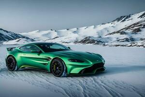 en aston Martin vantage grön på ett is väg i bergig områden genererad förbi ai foto