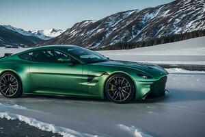 en aston Martin vantage grön på ett is väg i bergig områden genererad förbi ai foto