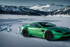 en aston Martin vantage grön på ett is väg i bergig områden genererad förbi ai foto