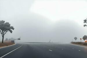 tömma stad väg täckt i dimma, dimmig asfalt väg på en vinter- morgon- genererad förbi ai foto