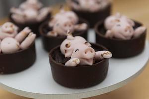 glada söta rosa grisar godis som leker i leran foto