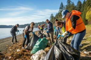 grupp av människor deltar i en strandlinje städa. människor samla sopor. rengöring dag. sopor i de hav. ai generativ foto