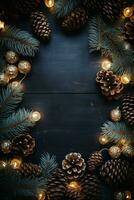 bakgrund för en jul eller ny år kort. sammansättning av gran grenar, kottar, bollar och krans lampor. platt lägga med tömma kopia Plats. ai generativ foto