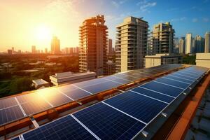 sol- paneler alstrande rena energi glittra på stad hustak. ai generativ foto