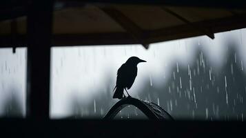 en fågel Sammanträde på en skydd under de regn. närbild silhuett skott. ai genererad foto