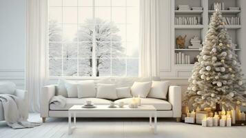 jul, vit modern levande rum med en snöig skog utanför de fönster. modern interiör design foto