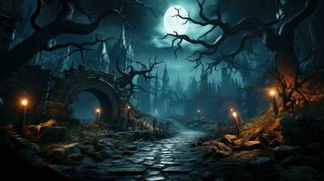 bakgrund för halloween gammal gotik slott besatt herrgård på en skrämmande natt, ai genererad. foto