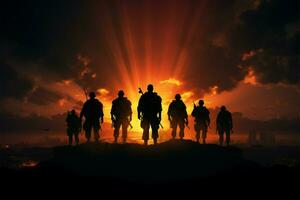 silhouetted soldater mot en bakgrund av intensiv och elektrifierande energi ai genererad foto
