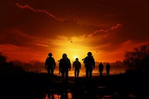 solnedgång bakgrund ramar en kollektiv av soldater i befallande silhuett ai genererad foto