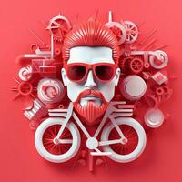 3d karaktär av vuxen man i glasögon och cykel på rosa bakgrund, ai generativ foto