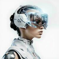 en halv robot kvinna från de framtida på ett isolerat vit bakgrund, ai generativ foto