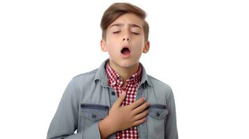 en ung man lidande från ett astma ge sig på, han innehar hans bröst, på ett isolerat vit bakgrund, ai generativ foto