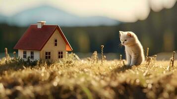 miniatyr- hus och katter runt om de hus, ai generativ foto