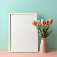 attrapp av en tom vit ram med tulpaner på en pastell bakgrund, ai generativ foto