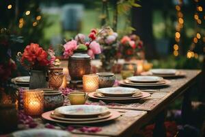 trä- rustik tabell uppsättning med årgång maträtter mot bokeh bakgrund i de kväll. genererad förbi artificiell intelligens foto