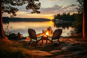 camping förbi de flod. två stolar nära en brand på solnedgång. genererad förbi artificiell intelligens foto