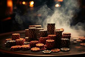 hasardspel tabell med pommes frites och kort i moln av rök. hasardspel begrepp. genererad förbi artificiell intelligens foto