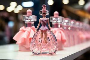 en flaska av parfym i de form av en docka i en fluffig klänning på de podium. kosmetika för liten flickor. genererad förbi artificiell intelligens foto