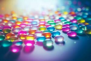 tabletter och kapslar i Allt färger av de regnbåge. baner för farmaceutisk Lägg till foto