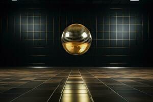 gyllene disko boll i en mörk tömma rum. reflektioner av ljus på en disko boll. genererad förbi artificiell intelligens foto