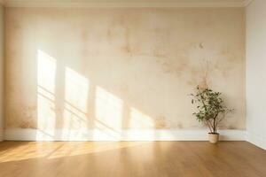modern interiör av en rum med ljus väggar med ett antik effekt. inlagd växt i ett tömma rum. genererad förbi artificiell intelligens foto
