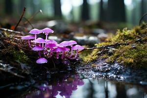 en grupp av lila svamp växa på mossa mot en suddig skog bakgrund. genererad förbi artificiell intelligens foto