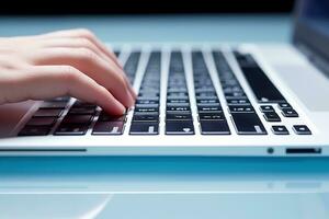 kvinna händer skriver på de tangentbord. närbild. dator arbete begrepp. genererad förbi artificiell intelligens foto