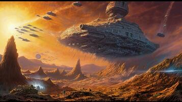 Plats fartyg slåss över utomjording planet i 80s böcker stil. retro vetenskap fiktion illustration. genererad ai. foto