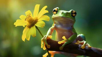 en groda sitter på en blomma gren, ai generativ foto