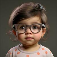 ansikte av bebis flicka bär glasögon med söt uttryck, ai generativ foto
